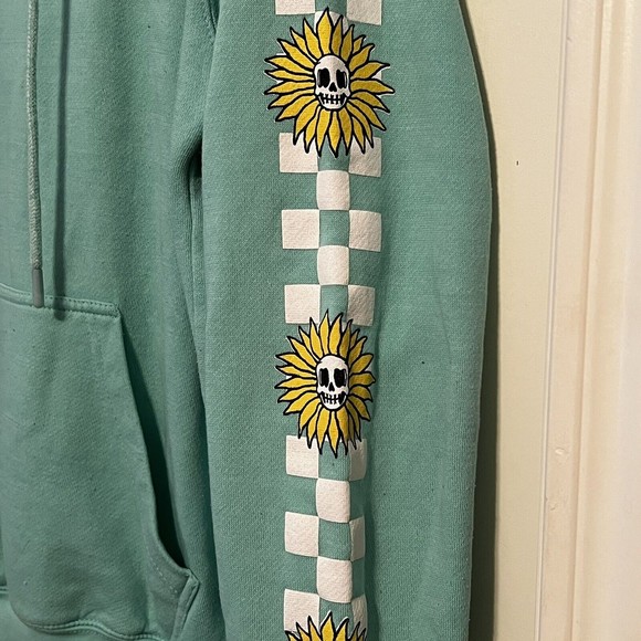Eighty Eight Brand Medium Teal Aqua Hoodie Pullover Sweatshirt Skulls Sunflowers - Picture 4 of 14